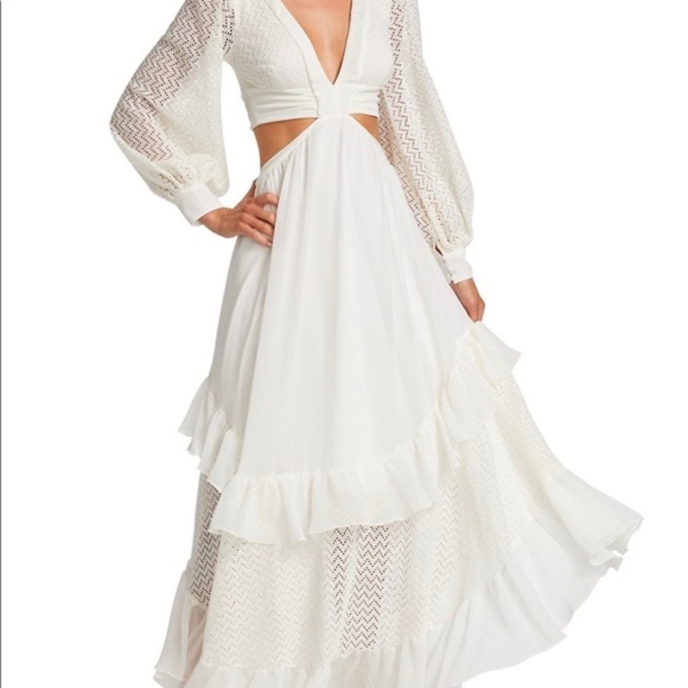 PatBO Cutout tiered crochet-knit and satin-jersey maxi dress | WHITE | Size L